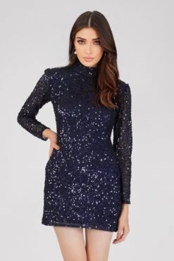 Athena Long Sleeve Sequin Mini Dress In Dark Blue -Lace & Beads 12 22 Copy