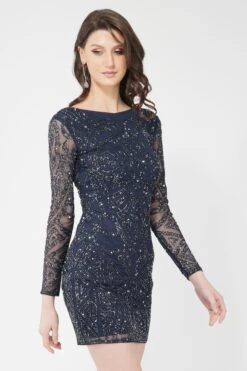 Brooklyn Navy Blue Long Sleeve Sequin Mini Dress 11 Brooklyn Navy Blue Long Sleeve Sequin Mini Dress -Lace & Beads 1 2