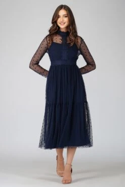 Roman Lola Polka Dot Midi Dress In Navy Blue -Lace & Beads 3 4 Copy
