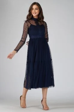 Roman Lola Polka Dot Midi Dress In Navy Blue -Lace & Beads 3 6 Copy