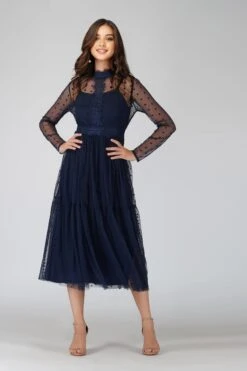 Roman Lola Polka Dot Midi Dress In Navy Blue -Lace & Beads 3 7 Copy