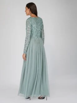 Elle Long Sleeve Sage Green Bridesmaid Maxi Dress -Lace & Beads Elleteal 2 Copy