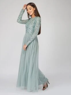 Elle Long Sleeve Sage Green Bridesmaid Maxi Dress -Lace & Beads Elleteal 6 Copy