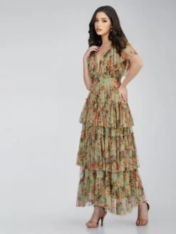 Exham Printed Tulle Maxi Dress In Green Floral -Lace & Beads Exham