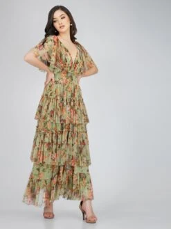 Exham Printed Tulle Maxi Dress In Green Floral -Lace & Beads ExhamMaxi 2