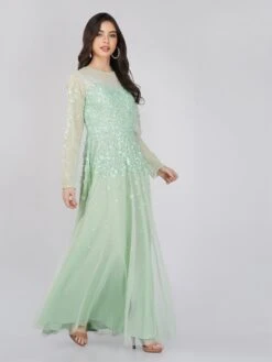 Luciene Long Sleeve Embellished Maxi Dress In Mint