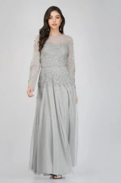 Luciene Long Sleeve Embellished Maxi Dress In Grey