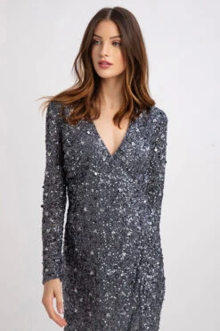 Gwen Grey Long Sleeve Embellished Mini Dress -Lace & Beads GwenMini 5 Copy