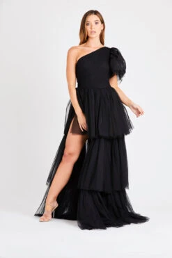 Rowan One Shoulder Tulle Gown -Lace & Beads INN6517BLK 1