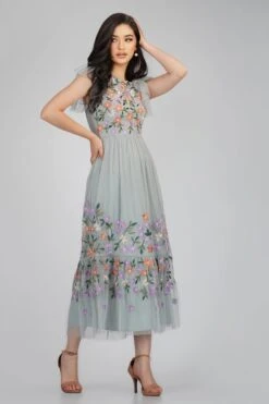 Iris Dusty Blue Embroidered Dress -Lace & Beads IrisMidaxiLB L 99
