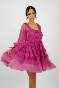 Jessica Tulle Smock Mini Dress In Vivid Purple -Lace & Beads JessicaVividPurple 3
