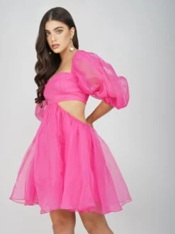 Katja Bright Pink Puff Sleeve Dress -Lace & Beads KatjaMini 4