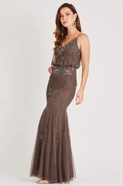 Keeva Stone Grey Bridesmaid Maxi Dress -Lace & Beads LACE BEADS 1194