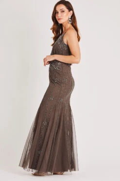 Keeva Stone Grey Bridesmaid Maxi Dress -Lace & Beads LACE BEADS 1195