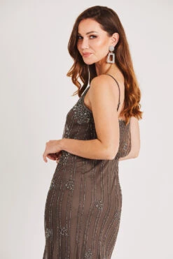 Keeva Stone Grey Bridesmaid Maxi Dress -Lace & Beads LACE BEADS 1199