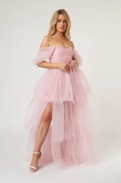 Sydney Off Shoulder Tulle Maxi Dress In Powder Pink
