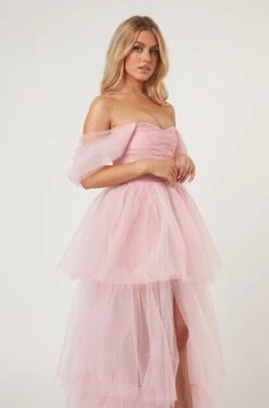 Sydney Off Shoulder Tulle Maxi Dress In Powder Pink -Lace & Beads LaceandBeads1554