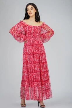 Lana Red Printed Tulle Dress -Lace & Beads LanaMidi 1