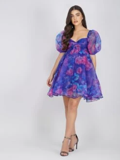 Melanie Puff Sleeve Organza Mini In Cobalt Floral -Lace & Beads MelanieCobaltFloral 2