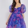 Melanie Puff Sleeve Organza Mini In Cobalt Floral -Lace & Beads MelanieCobaltFloral 2 Edited