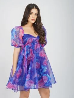 Melanie Puff Sleeve Organza Mini In Cobalt Floral -Lace & Beads MelanieCobaltFloral 3