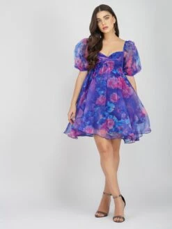 Melanie Puff Sleeve Organza Mini In Cobalt Floral -Lace & Beads MelanieCobaltFloral 4