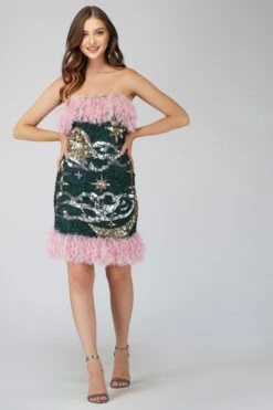 Midnight Sequin Feather Mini Dress In Emerald Green -Lace & Beads MidnightDress 4 Copy