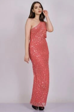 Naeve One Shoulder Sequin Dress In Coral 10 Naeve One Shoulder Sequin Dress In Coral -Lace & Beads NawishCoral NaeveMaxiDress 1