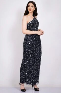 Naeve One Shoulder Sequin Dress In Navy Blue -Lace & Beads NawishNavy NaeveMaxiDress 1