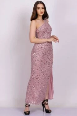 Naeve One Shoulder Sequin Dress In Pink -Lace & Beads NawishPink NaeveMaxiDress 4