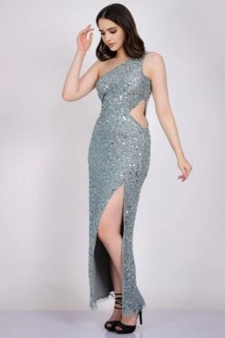 Naeve One Shoulder Sequin Dress In Teal -Lace & Beads NawishTeal NaeveMaxiDress 2