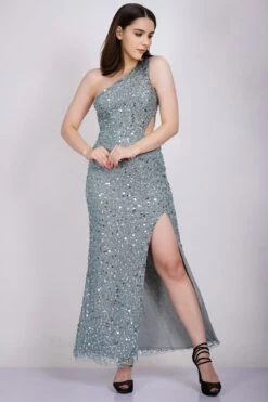 Naeve One Shoulder Sequin Dress In Teal -Lace & Beads NawishTeal NaeveMaxiDress 4