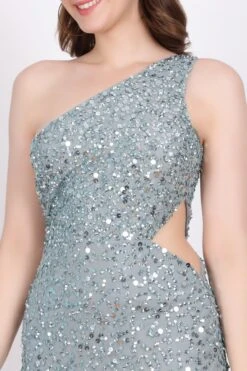 Naeve One Shoulder Sequin Dress In Teal -Lace & Beads NawishTeal 1