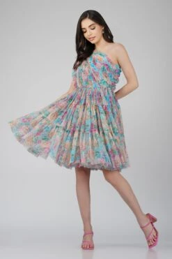 Roka Floral One Shoulder Mini Dress In Blue