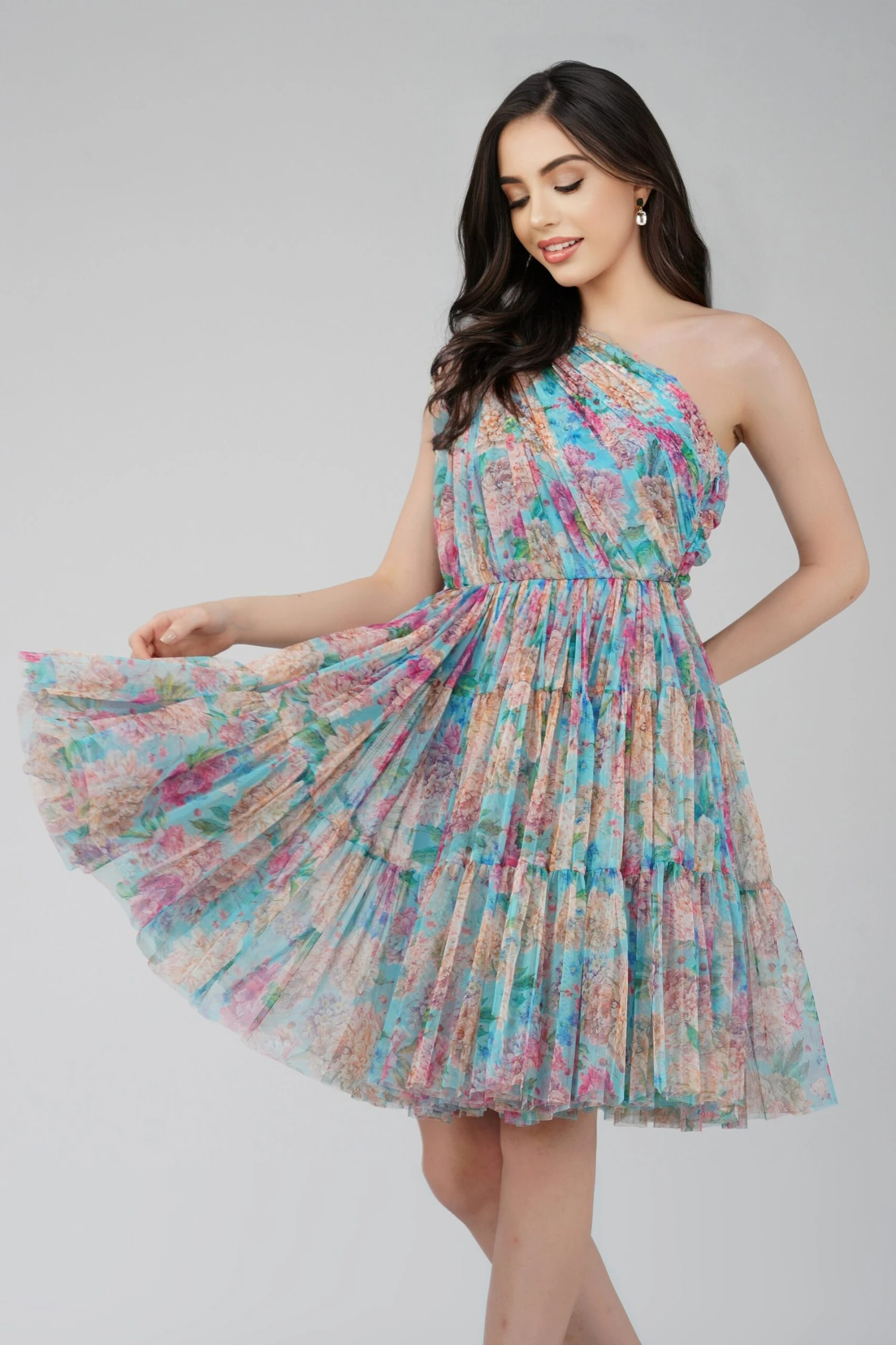 Roka Floral One Shoulder Mini Dress In Blue 5 Roka Floral One Shoulder Mini Dress In Blue - Image 3