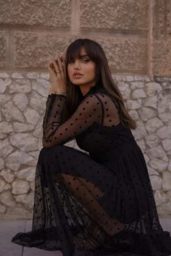 Roman Lola Polka Dot Midi Dress In Black -Lace & Beads RomanLolaBlack 1