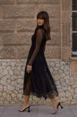 Roman Lola Polka Dot Midi Dress In Black -Lace & Beads RomanLolaBlack 5