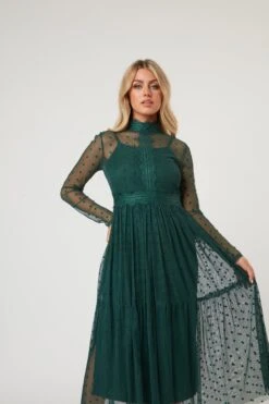 Roman Lola Polka Dot Midi Dress In Green -Lace & Beads RomanLola 26