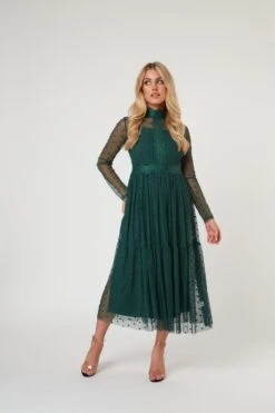 Roman Lola Polka Dot Midi Dress In Green -Lace & Beads RomanLola 5