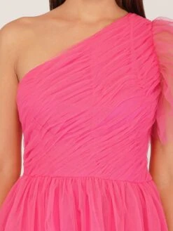 Rowena Bright Pink One Shoulder Tulle Gown -Lace & Beads RowanPink 1