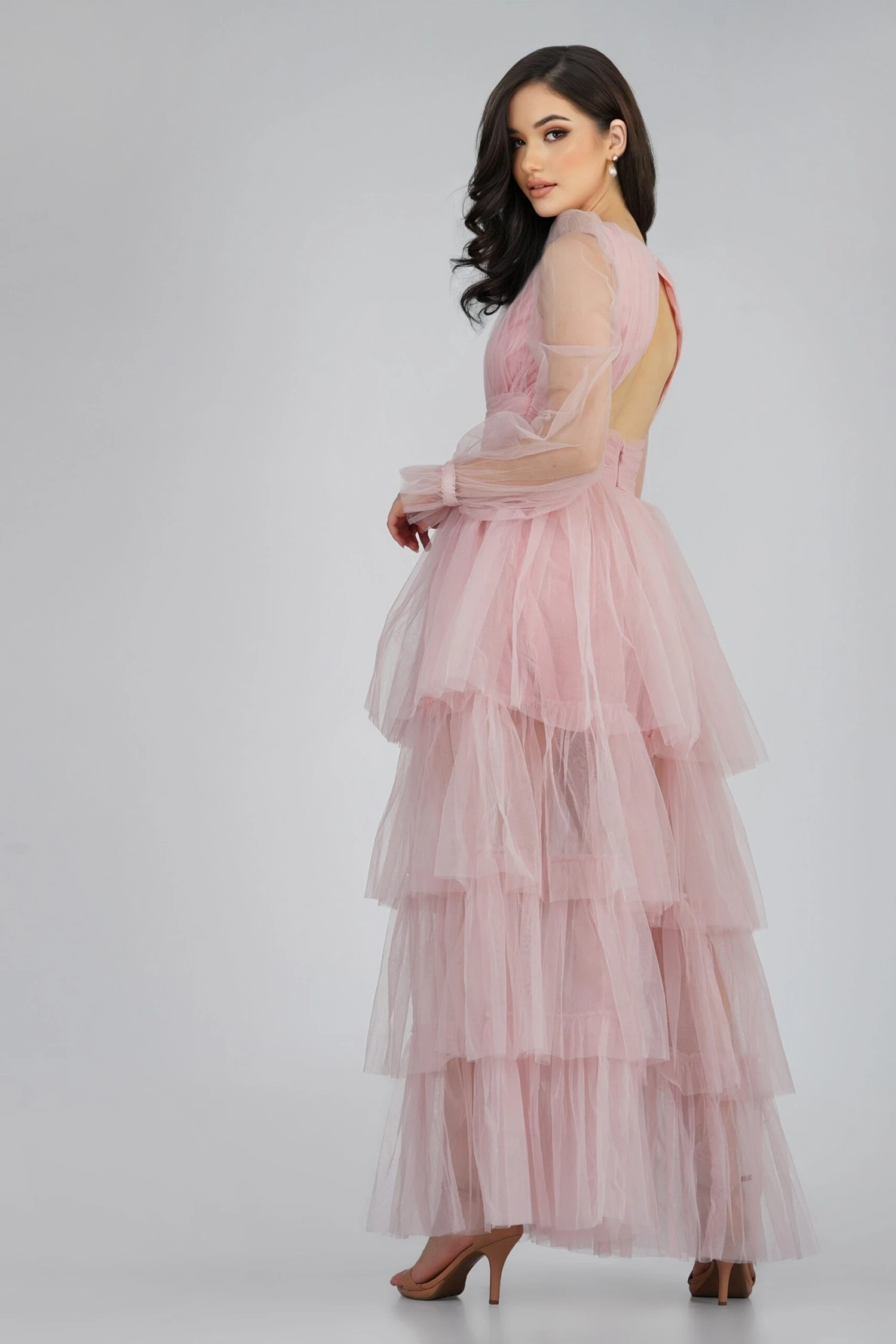 Salma Long Sleeve Tulle Maxi Dress In Pink 3 Salma Long Sleeve Tulle Maxi Dress In Pink