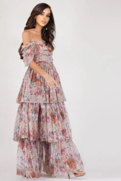 Sydney Off Shoulder Tulle Maxi Dress In Brown Floral