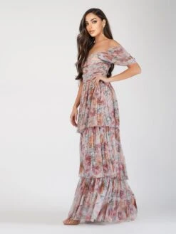 Sydney Off Shoulder Tulle Maxi Dress In Brown Floral -Lace & Beads ShilohBrown 5