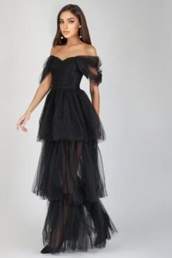 Sydney Off Shoulder Tulle Maxi Dress In Black -Lace & Beads SydneyBlack 3