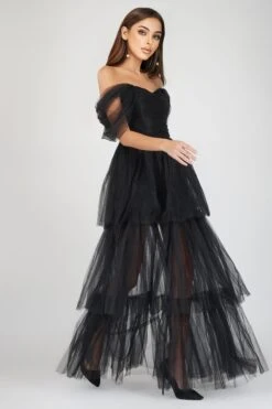 Sydney Off Shoulder Tulle Maxi Dress In Black -Lace & Beads SydneyBlack 4