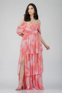 Sydney Chiffon Maxi Dress In Coral Print -Lace & Beads SydneyChiffonMaxiinCoralPrint 3