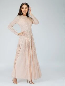 Sila Long Sleeve Embellished Maxi Dress In Blush Pink -Lace & Beads siLA 1
