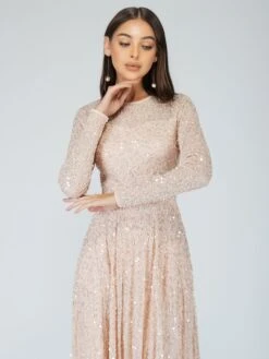 Sila Long Sleeve Embellished Maxi Dress In Blush Pink -Lace & Beads siLA 3