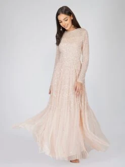Sila Long Sleeve Embellished Maxi Dress In Blush Pink -Lace & Beads siLA 4